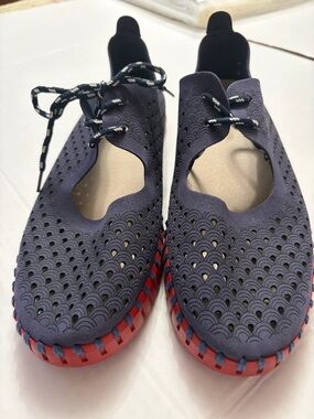 Ilse Jacobsen Tulip Tie Flats Navy Red Perforated Lace Up Comfort EU 39 US 8.5-9